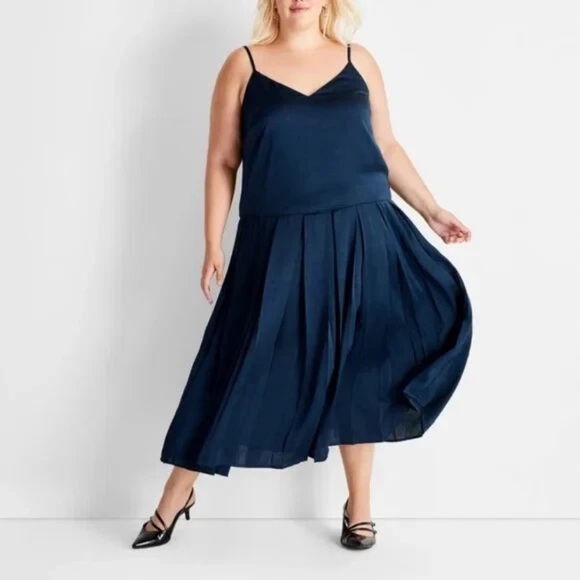 Plus Size 3X Casual navy Blue Spaghetti Strap drop waist Midi Dress - Picture 2 of 11